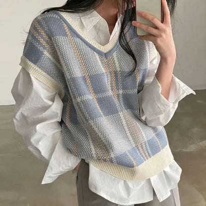 Vintage Korean Style Plaid Knit Pullover Vest - Loran