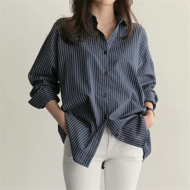 Korean-Style Loose Fit Striped Shirt for Women - Loran