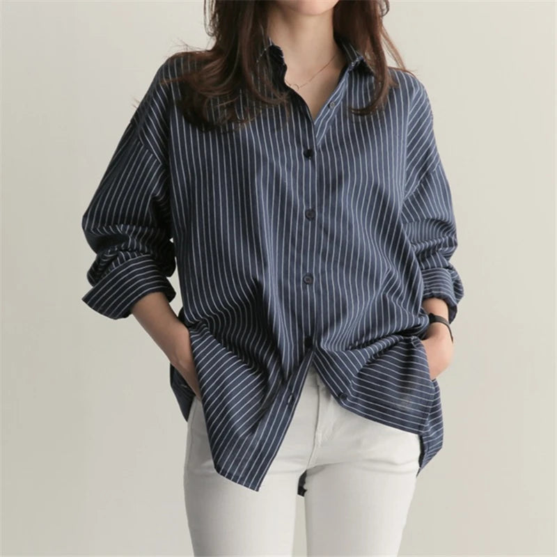Korean-Style Loose Fit Striped Shirt for Women