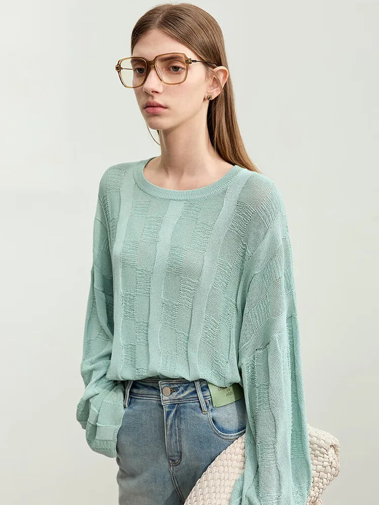 AMII Minimalism Knit Sweaters Women 2025 Spring New Round Neck Hollowed Out Dopamine Loose Drop Sleeves Commuter Tops 12451073 Loran