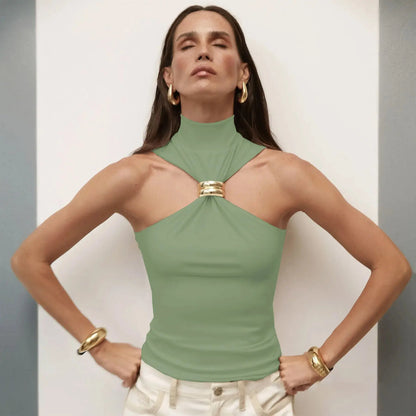 Sleeveless Knit Turtleneck Top with Metal Ring - Loran