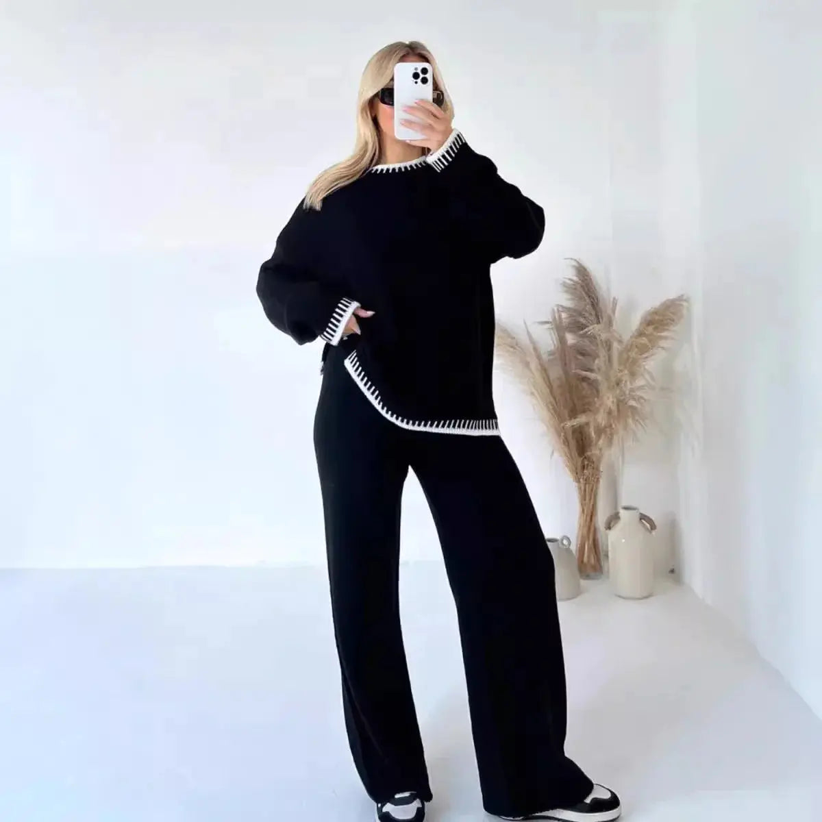 Loose Knit Sweater & Wide-Leg Pant Outfit - Loran