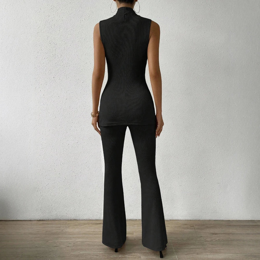 Chic Sleeveless Two-Piece Set: Stand Collar & Lettuce Hem