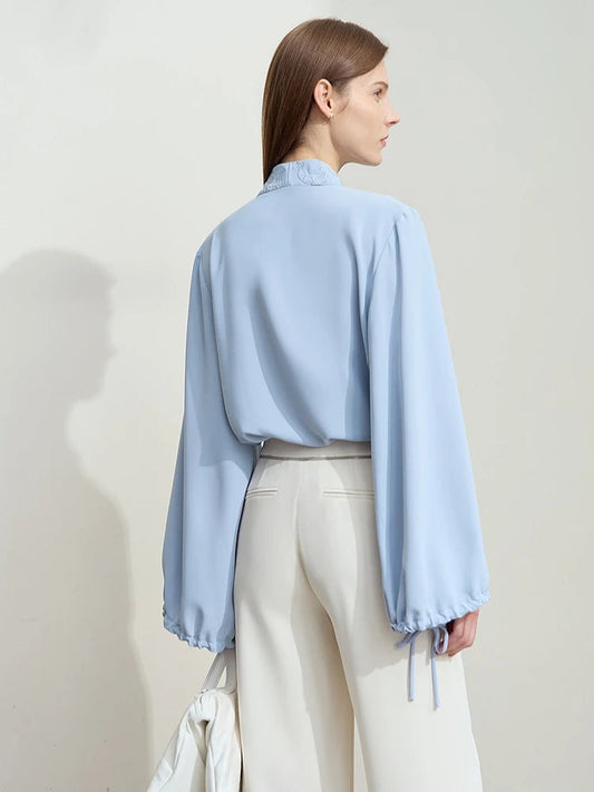 Amii Chiffon Women's Blouse 2025 Autumn New V-neck Letter Embroidered Top Elegant Lantern Sleeve Loose Women's Shirt 12421028 Loran