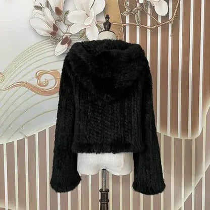 Luxurious Rabbit Fur Knit Hooded Coat - Loran