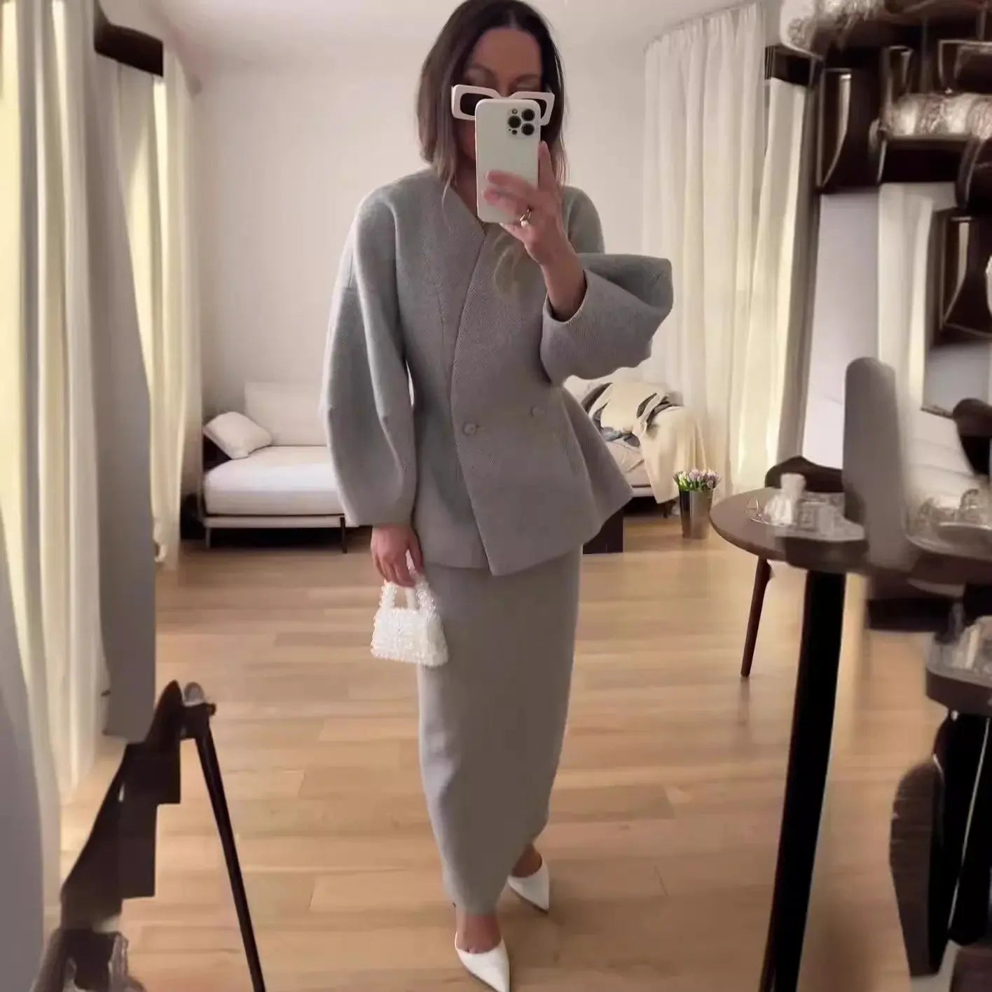 Women's V-Neck Jacket and Midi Skirt Suit - Loran