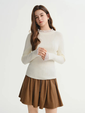 Chic Plus Size Lace Collar Knit Top - Slimming Winter Base Layer