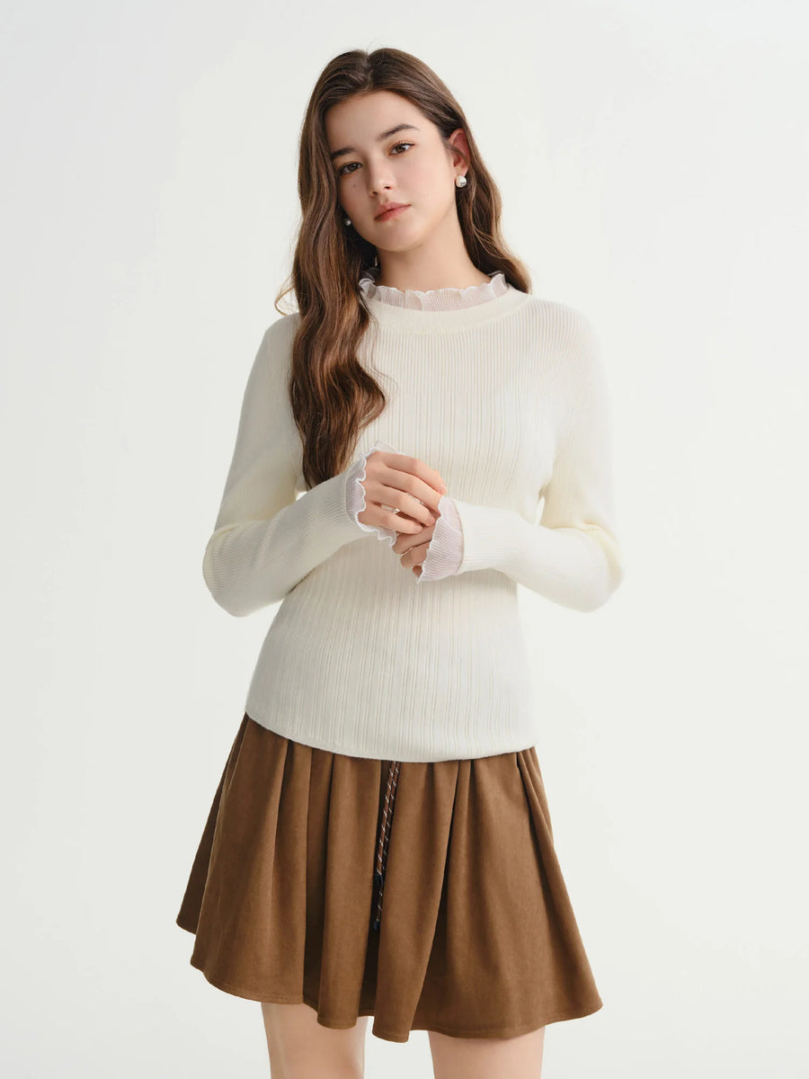 Chic Plus Size Lace Collar Knit Top - Slimming Winter Base Layer