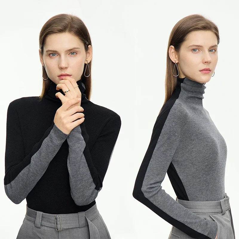 Amii Women Sweaters 2024 Winter Minimalism Long Sleeve High Neck Slim Soft Knit Tops Jumper Patchwork Sweater Clothing 12414019 Loran