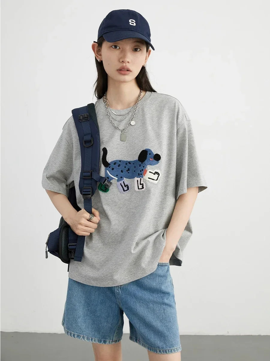 Dog Embroidered Cotton T-Shirt Loose Summer Streetwear Loran