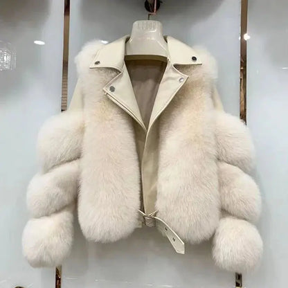 Faux Fur Jacket Patchwork Long Sleeve Pu Leather Fluffy - Loran