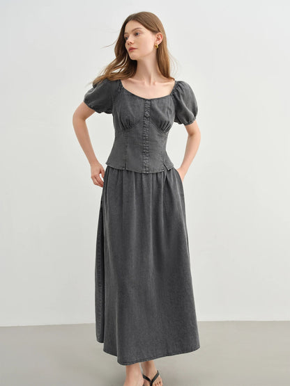 Retro Denim Suit Two-Piece High Waist A-Line Skirt Set Loran