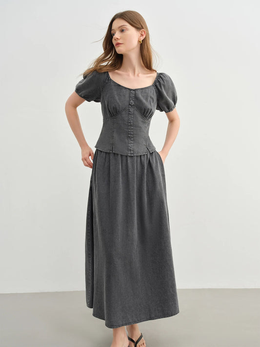 Retro Denim Suit Two-Piece High Waist A-Line Skirt Set Loran