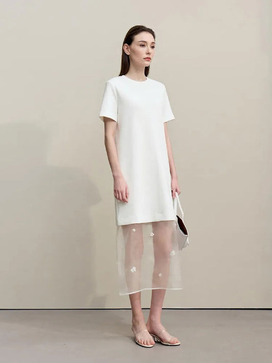 Amii Long Dresses 2026 Spring New Round Neck Short Sleeve Patchwork Women's Dress Removable Organza Elegant Dress Women 12651024 Loran