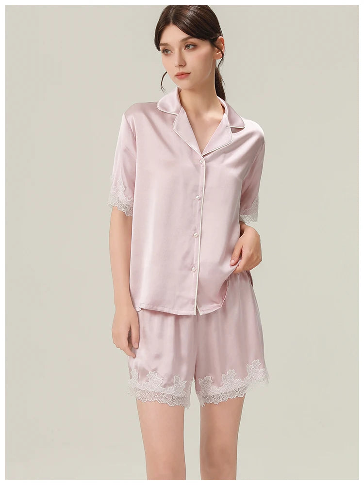 Fimtariah  19mm Lace Silk Pajama Two-piece Set Short Sleeves Women Summer  Spring Soft   high-end silk home wear for mothers Loran