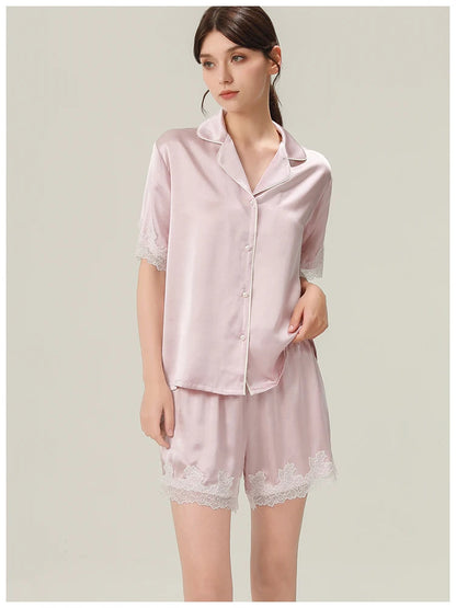 Fimtariah  19mm Lace Silk Pajama Two-piece Set Short Sleeves Women Summer  Spring Soft   high-end silk home wear for mothers Loran