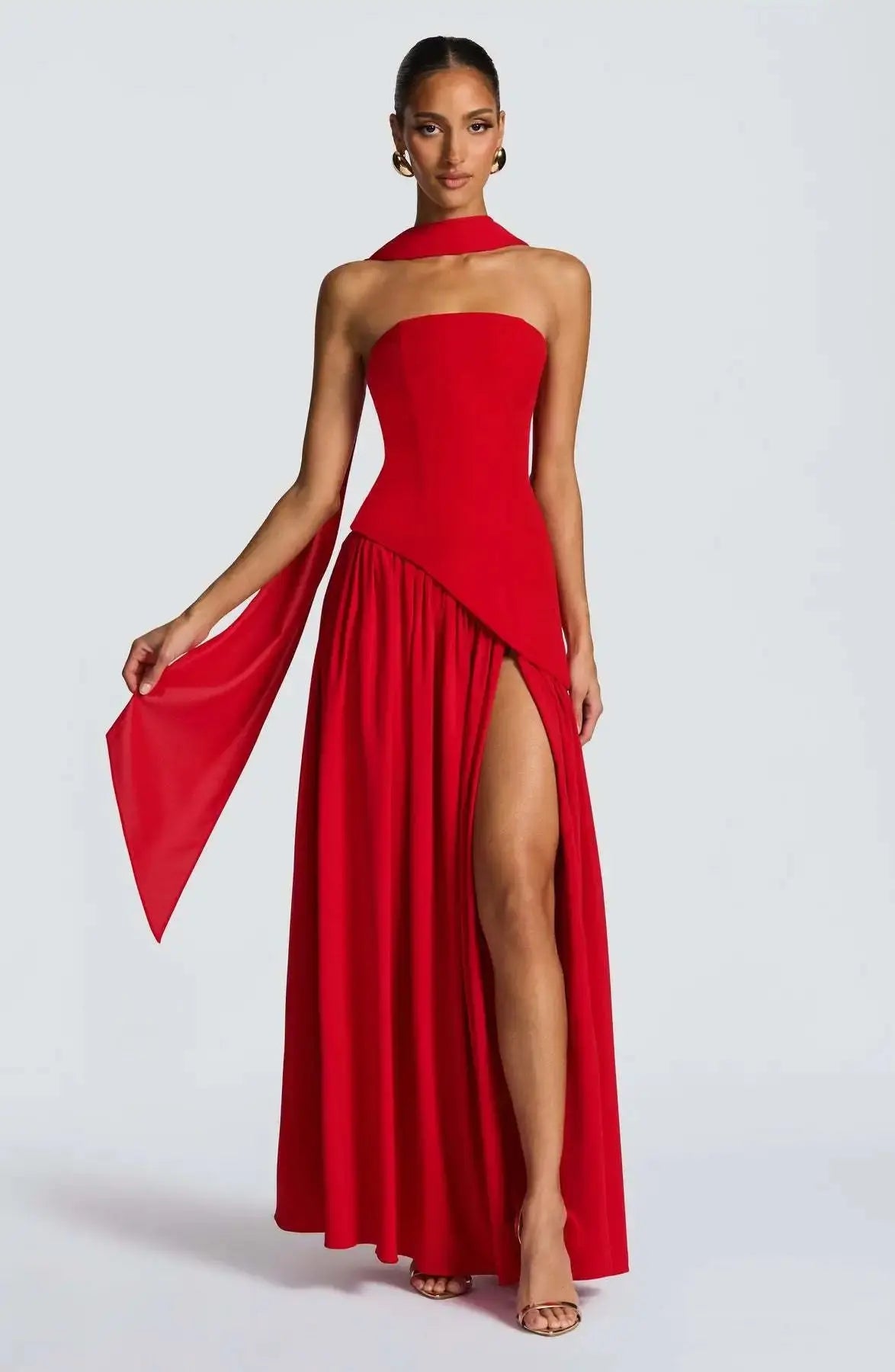 Sleek Solid Tube Top Maxi Dress with High Slit - Loran
