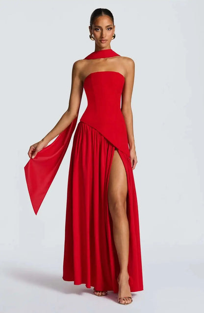 Sleek Solid Tube Top Maxi Dress with High Slit - Loran