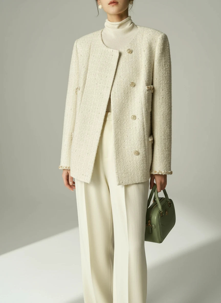 Person wearing a light-colored textured coat over a white outfit on a neutral background