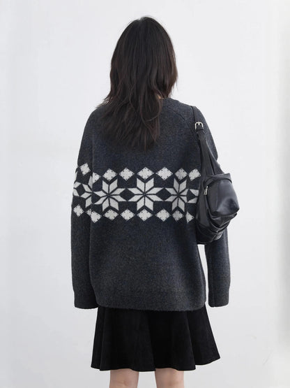 Snowflake Round Neck Knitted Pullover - Winter Jumper Loran
