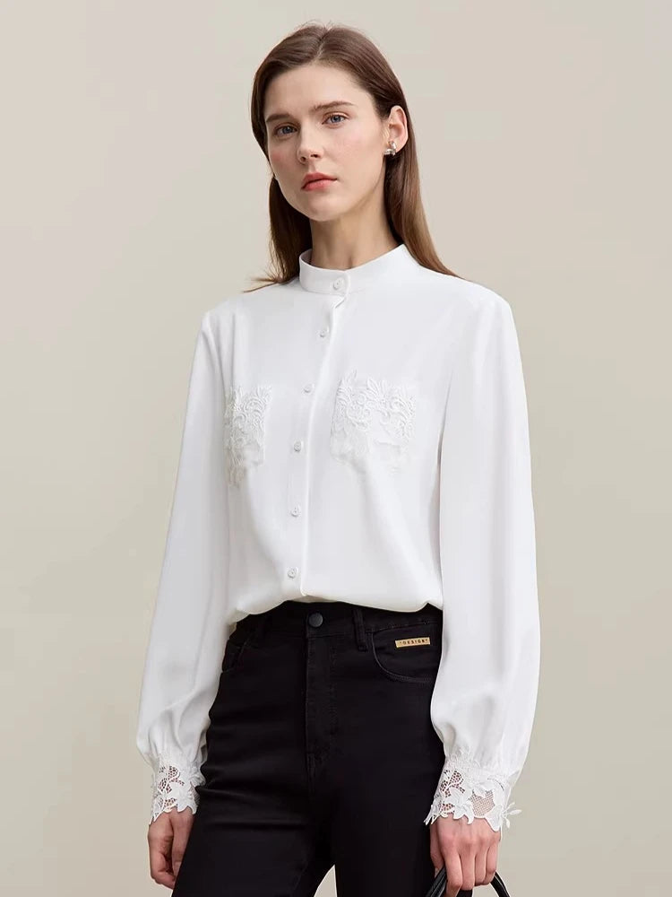 Amii Women's Blouse 2026 Spring New Elegant Commuter Stand-up Collar Chiffon Shirt Lace Pocket Women's Solid Loose Top 12641124 Loran