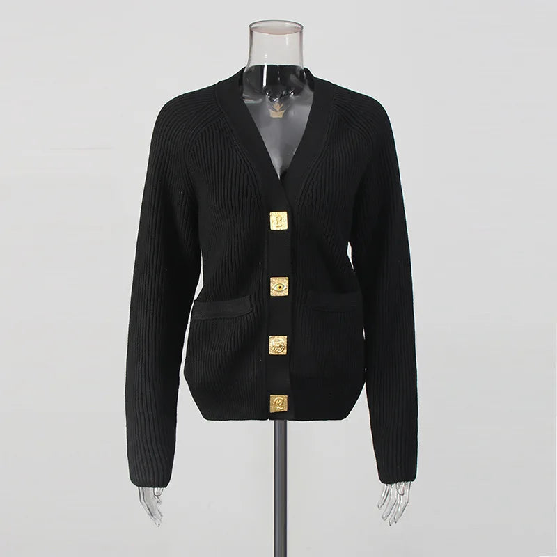 Elegant V-Neck Knitted Sweater Coat for Autumn & Winter
