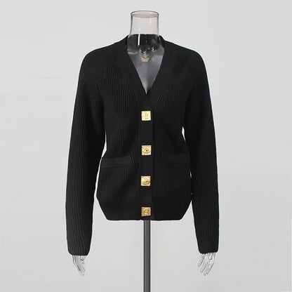 Elegant V-Neck Knitted Sweater Coat for Autumn & Winter
