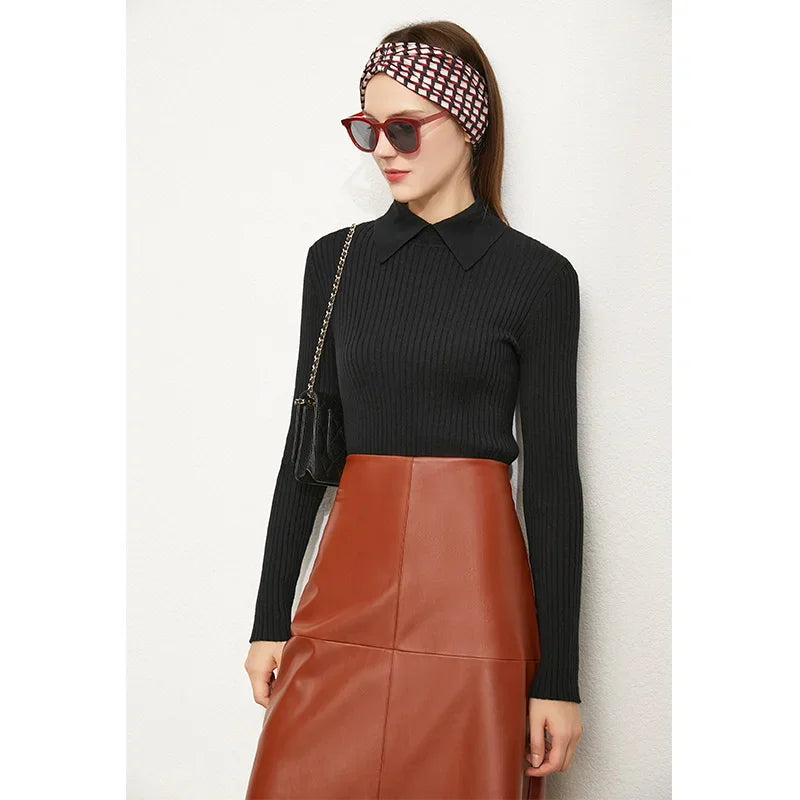 Amii Minimalism 2024 Sweater for Women Autumn New Office Lady Basic Lapel Striped Slim Knitted Tops Solid Trendy Blouse 12444058 Loran