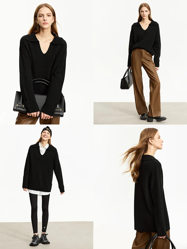 AMII Minimalist French Lazy Style Sweaters for Women 2025 Winter New Loose Casual Turn-down V-neck Long Sleeve Blouses 12344142 Loran