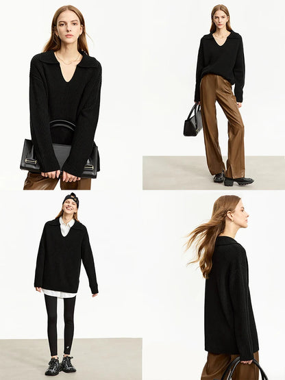 AMII Minimalist French Lazy Style Sweaters for Women 2025 Winter New Loose Casual Turn-down V-neck Long Sleeve Blouses 12344142 Loran