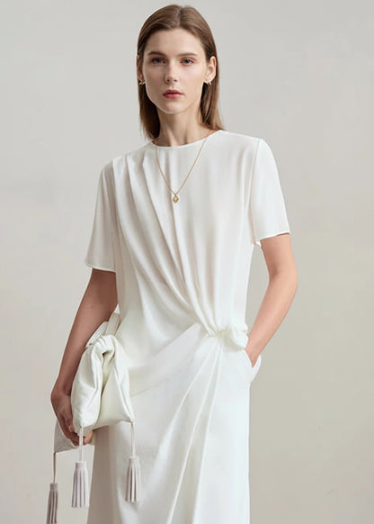Amii Minimalist Premium Chiffon Shirt Women 2025 Summer Round neck Office Lady flower Chain Ruffles Solid color Blouse 12542251 Loran