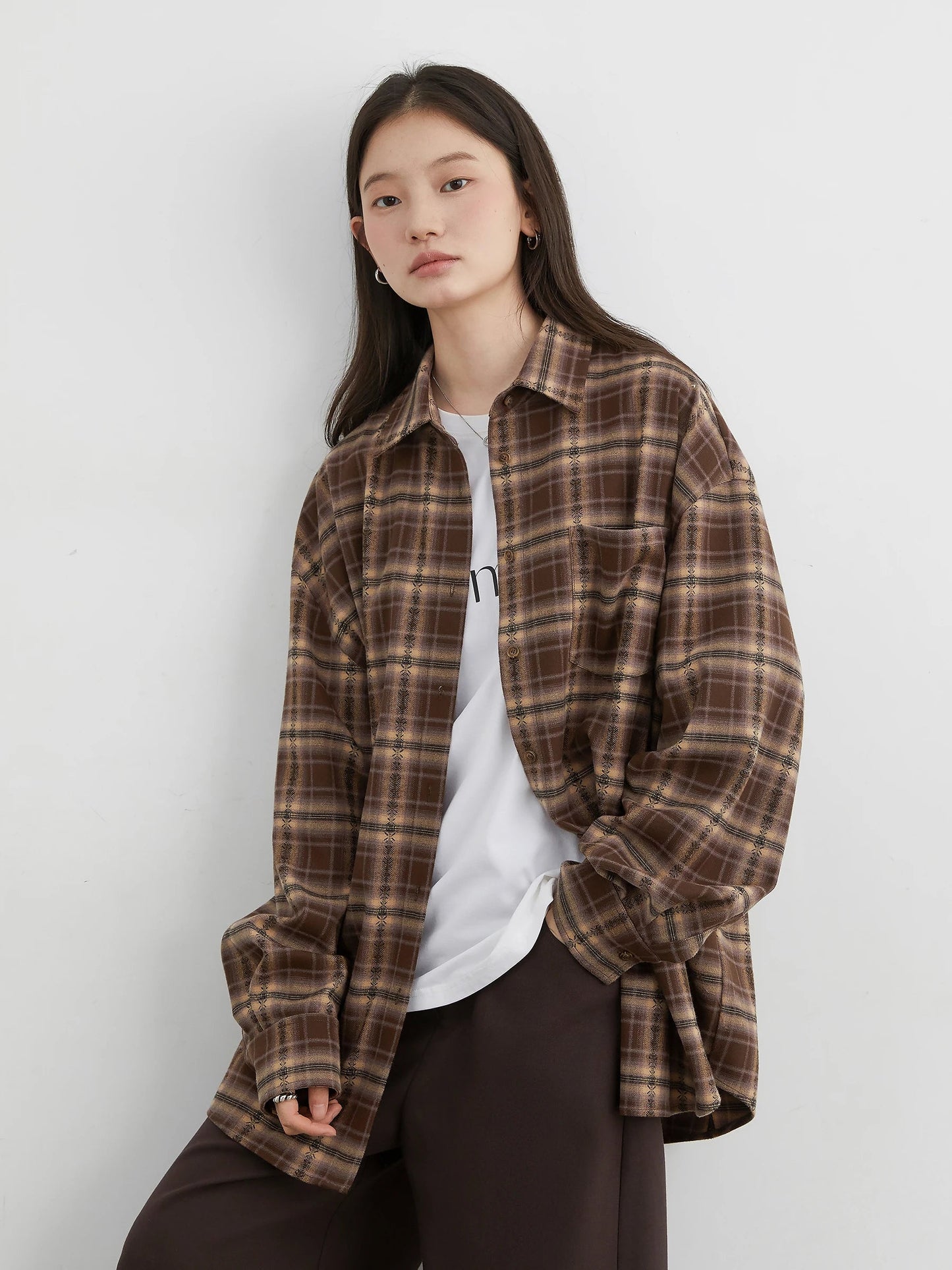 Women’s Long Sleeve Plaid Shirt Coat Loose Casual Blouse Loran
