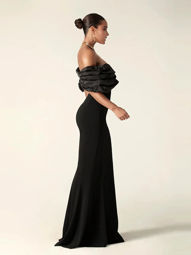 Satin Ruffle Shoulder High Slit Long Dress