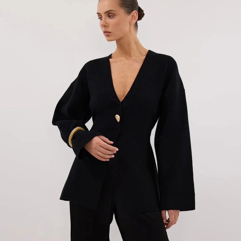 V-Neck, Buckle Closure, and Slit Detail