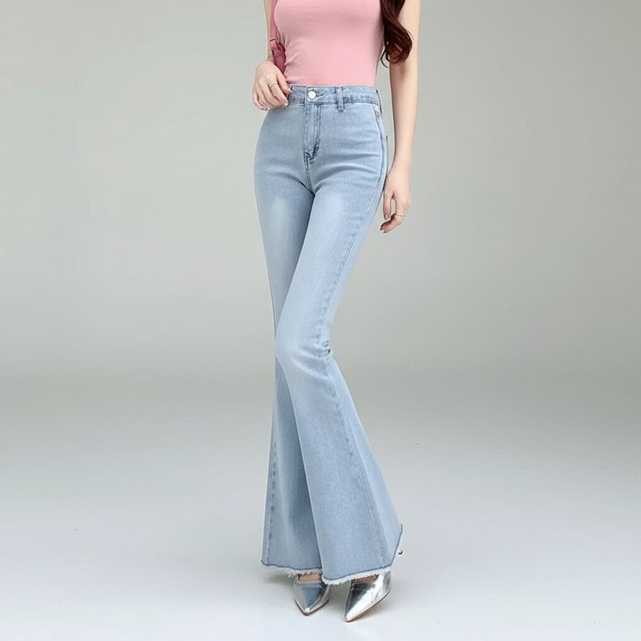 High-Waist Denim Flares with Bow Detail