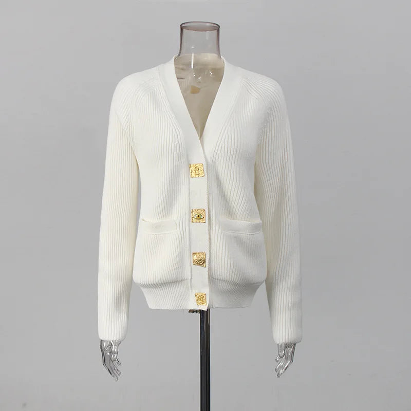 Elegant V-Neck Knitted Sweater Coat for Autumn & Winter