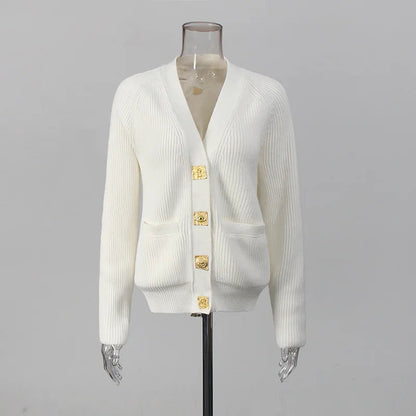 Elegant V-Neck Knitted Sweater Coat for Autumn & Winter
