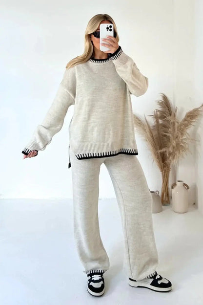 Loose Knit Sweater & Wide-Leg Pant Outfit - Loran