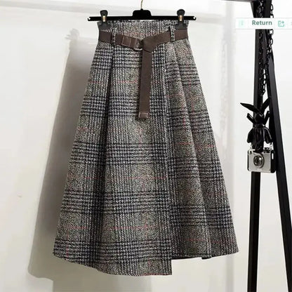 Irregular Hem Wool-Blend Plaid Midi Skirt - Loran
