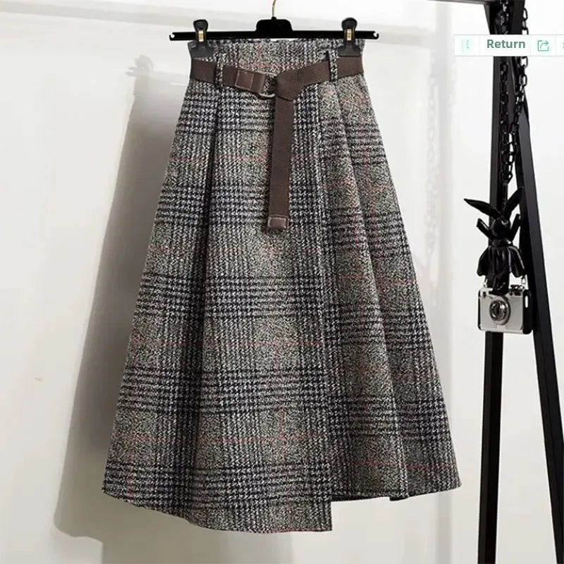 Irregular Hem Wool-Blend Plaid Midi Skirt