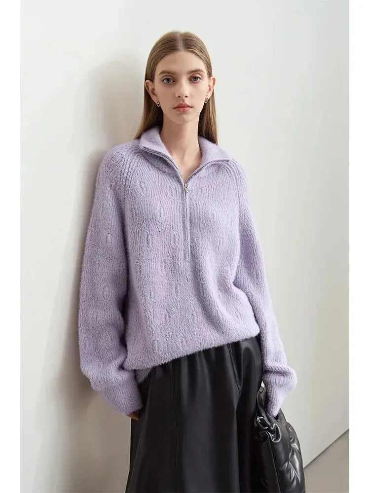 Women's Loose Fit Turtleneck Sweater with Quarter-Zip - Loran