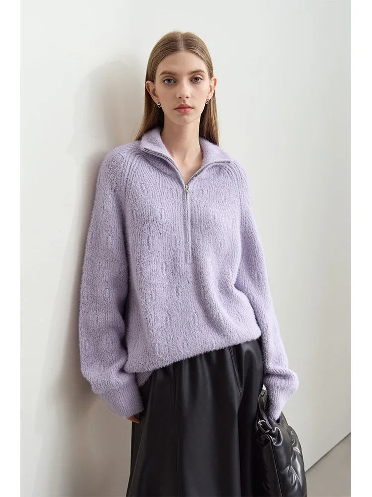 Women's Loose Fit Turtleneck Sweater with Quarter-Zip