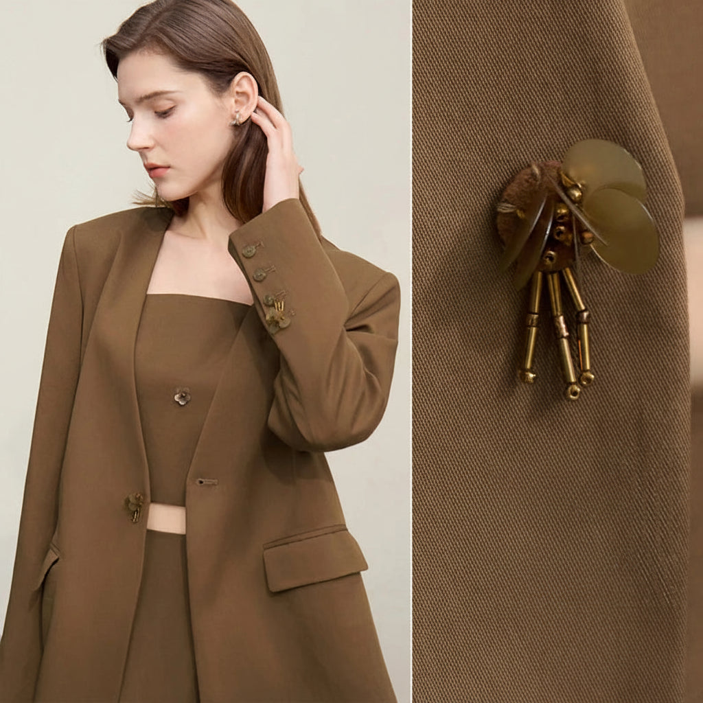 Amii Women's Jacket 2026 Spring New Bead Sheet Flower V-Neck Women's Blazer Straight Elegant Shoulder Pad Blazers Top 12621026 Loran