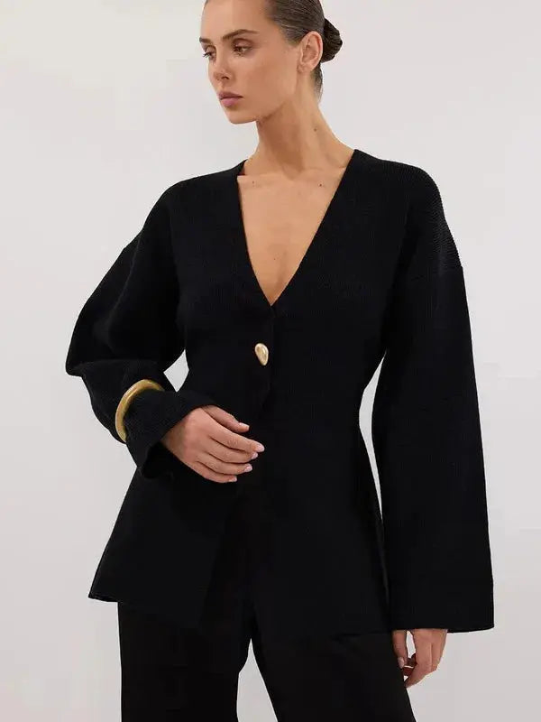 V-Neck, Buckle Closure, and Slit Detail - Loran