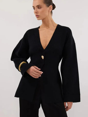 V-Neck, Buckle Closure, and Slit Detail