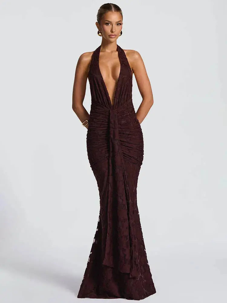Women's  Deep V-Neck Backless Ruched Club Gown - Loran