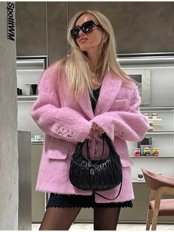 Fashion Pink Woolen Jacket Women Casual