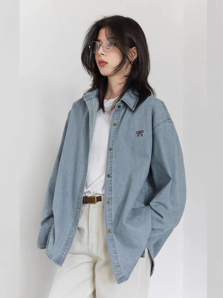 CHIC VEN Korean Female Blouses Loose Single Breasted Bow Embroidered Denim Shirt  Blue Shirt for Women Coat Spring Autumn 2025 Loran