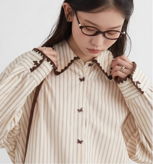 Women’s Striped Long Sleeve Blouse Loose Cotton Shirt Loran