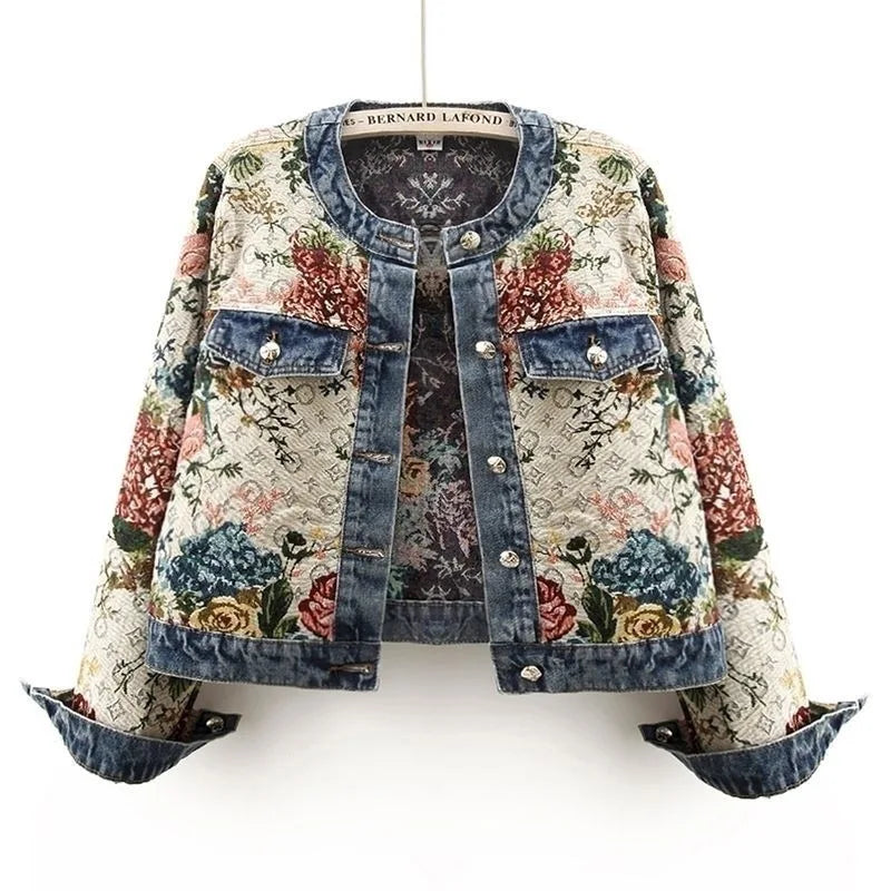 Floral patterned denim jacket on a white background